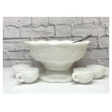 Milk glass punch bowl. 12 cups, ladle