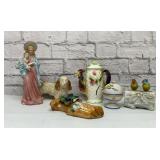 Vintage figurines, wall pocket, tea pot