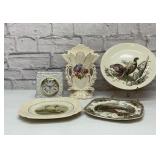 Assorted wildlife plates, clock, vase