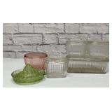 Depression Era refrigerator dishes, juicer