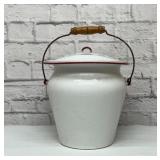 Red enamel wear pail with wooden handle