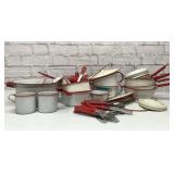 Assorted vintage red enamelware
