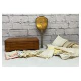 VTG mirror, jewelry box, linens, hankies