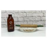 VTG casserole, Borden milk bottle, rolling pin