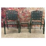 2 GREEN PATIO CHAIRS, GLASS TOPPED TABLE