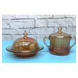 CARNIVAL GLASS COVERED BUTTER, SUGAR BOWL