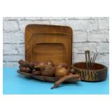 VTG wood fruit, plates, nut bowl 15