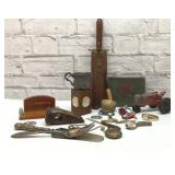 Assorted trinkets, knife, corn cob pipe