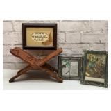 Lions Teak book stand, frames