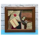 Framed crazy quilt square & sewing notions
