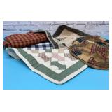 Assorted linens, mini quilts, chair cushion covers