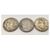 (3) US Ben Franklin silver half dollars