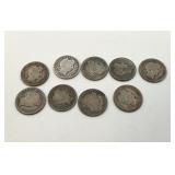 9 Assorted US Silver Barber Dimes