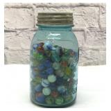 VTG marbles in a blue #3 ball jar