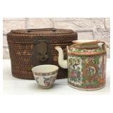 Antique Geisha Girl Tea Set in Wicker Basket