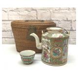 Antique GEISHA Rose Medallion tea set in wicker