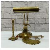 Brass desk, lamp, candlestick, bell  pull