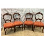 4 Antique carved Rosewood chairs< red upholstery