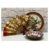 Satsuma Peacock plate, Asian bowl, hand fan