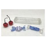 Blown glass, candy &  cherries on a little tray