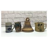 4 Pottery pieces, bell, cup, pitcher, votice