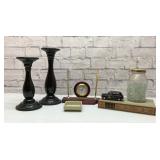 Desk set, VTG book, marbles, candlesticks
