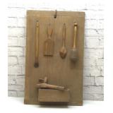 Antique wood utensil board, with utensils