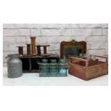 Assorted country decor spools, bottles