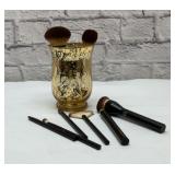 SK MAKE UP BRUSHES IN GOLD GLASS VASE