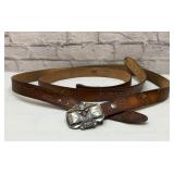 2 HAND TOOLED LEATHER TRAIN BELTS, BUCKLE