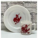Hazel Atlas cowboy milk glass plate mug set