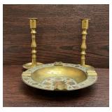 Brass candlesticks and enamel ashtray