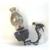 Antique amethyst glass oil lamp with bracket