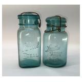 2 ANTIQUE BLUE JARS, BALL IDEAL 6, LUSTRE 5