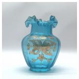 Antique blue ruffled oil lamp, shade 8
