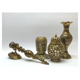 4 brass candlesticks,  vases 12