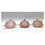 3 PINK DEPRESSION GLASS COVERED BUTTER DISHES