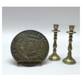 BRASS COIN TRIVET & MINI BRASS CANDLESTICKS