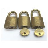 3 BRASS LOCKS, 2 KEYS