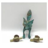Brass fox door knocker, hand shaped drawer pulls