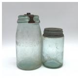 2 ANTIQUE MASON BLUE JARS, WOODBURY, WHITNEY