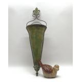 METAL WALL VASE, CERAMIC BIRD