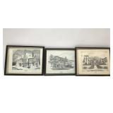 3 Presidential homes, pen, and ink drawings