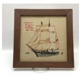 FRAMED VTG NEEDLEWORK WHALER SHIP