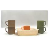 Fire King casserole and assorted coffee cups