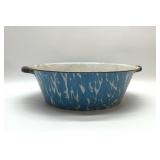 VINTAGE BLUE MARBLED ENAMEL HANDLED BOWL