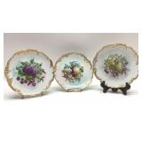 3 ANTIQUE FRUIT PLATES, GOLD TRIM, unsigned