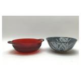 RED GLASS & BLUE POTTERY BOWLS