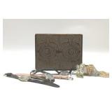 Carved wooden box with jewelry