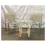 2 PATIO CHAIRS & METAL GLASS TOP TABLE
